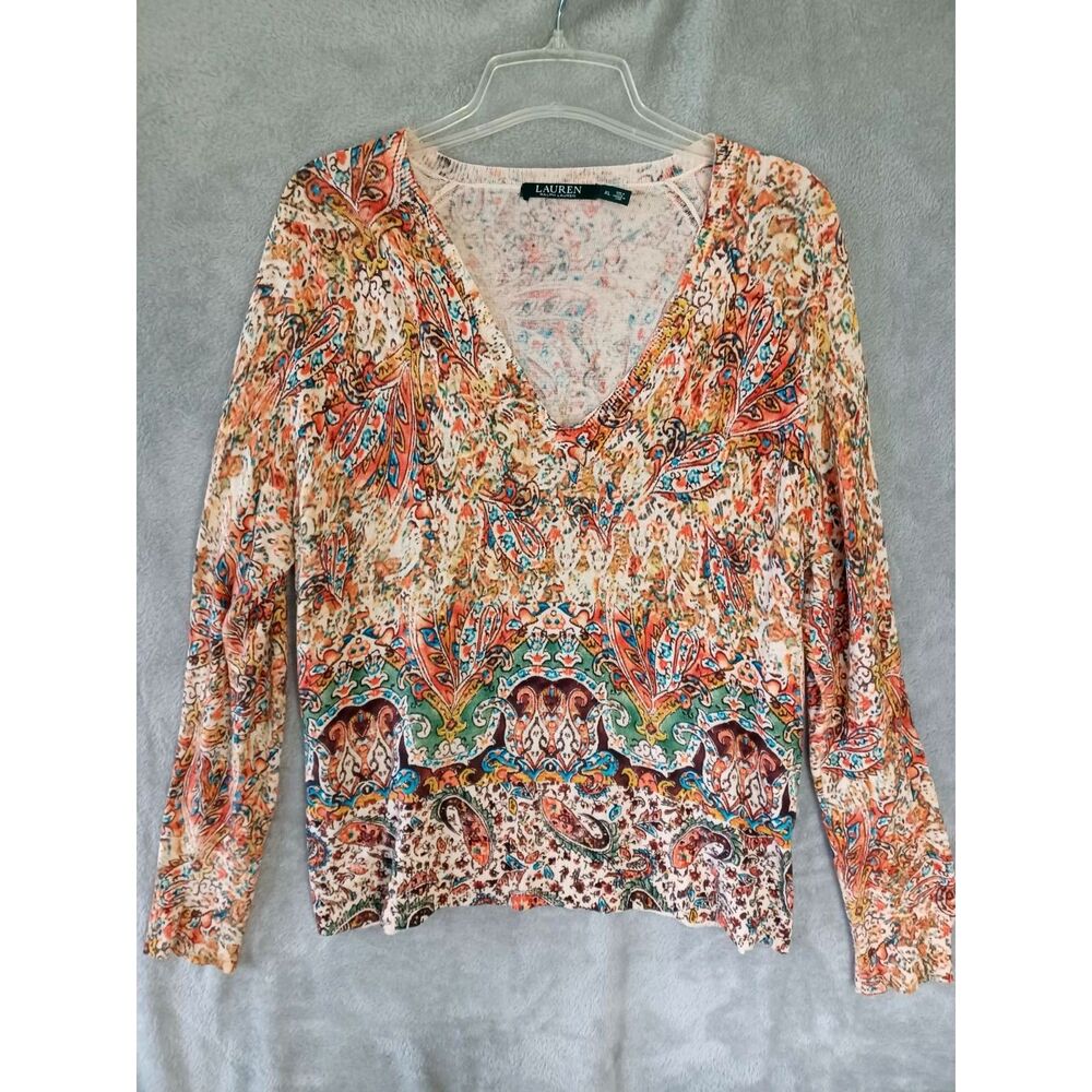 Lauren Ralph Lauren XL Light Knit Sweater Artsy Coastal Paisley Vneck LinenBlend
